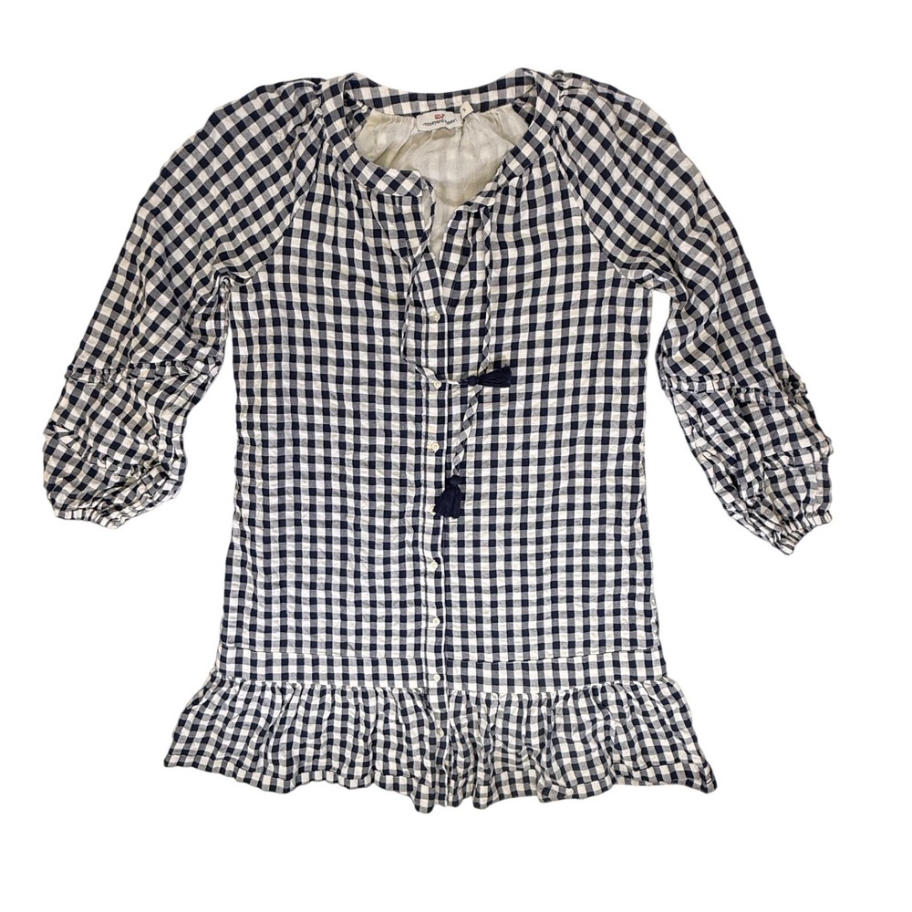 Vineyard Vines Gingham Tassel Ruffle Dress Nautical Navy Small RN 134578